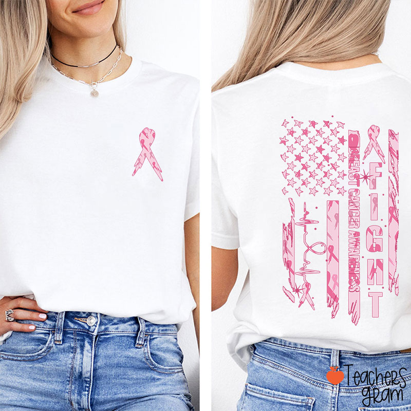 Pink Ribbon Fight Breast Cancer Awareness Teacher Two Sided T-Shirt