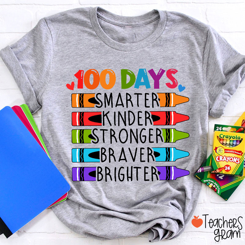100 Days Smarter Kinder Stronger Braver Brighter Teacher T-Shirt