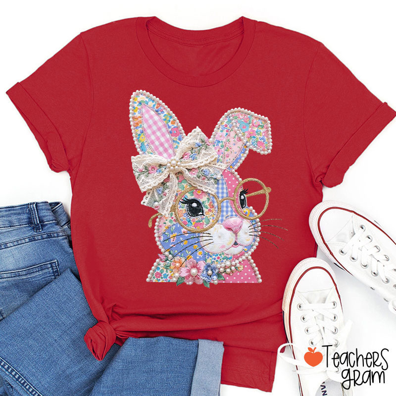 Faux Patchwork Bunny Teacher T-Shirt