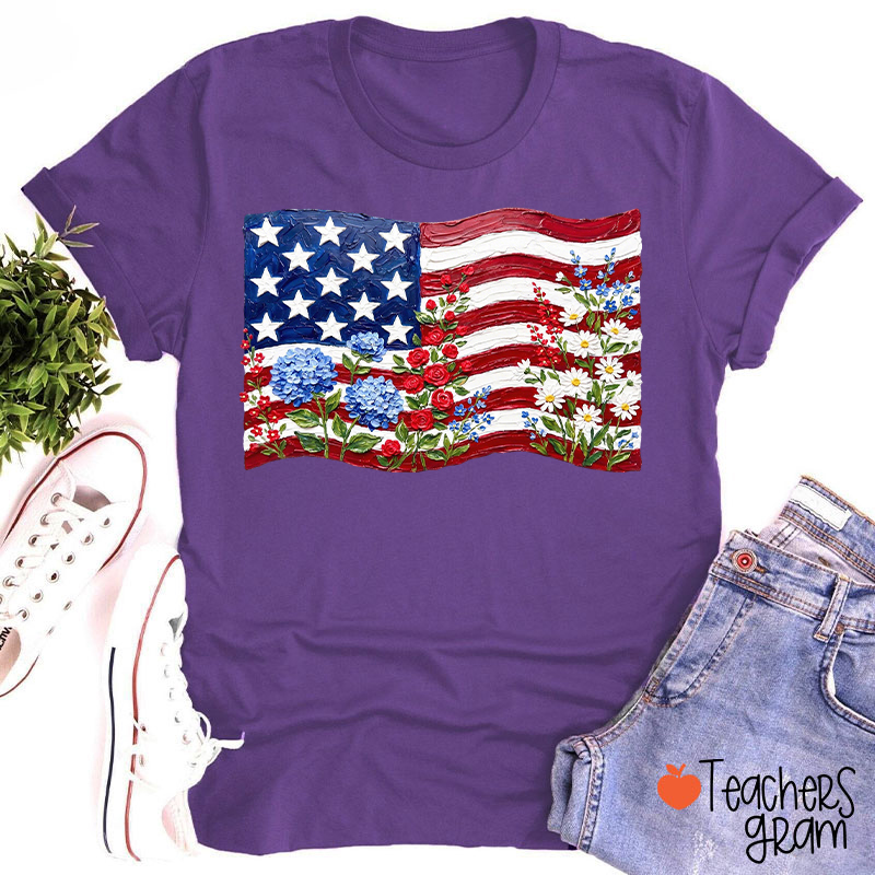 Floral American Flag Teacher T-Shirt