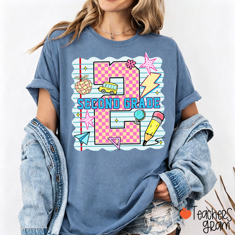 Personalized Pink Plaid And Notebook Style Teacher T-Shirt