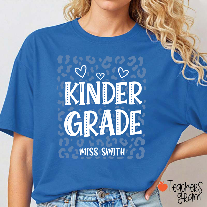 Personalized Name And Grade Leopard Heart Teacher T-Shirt