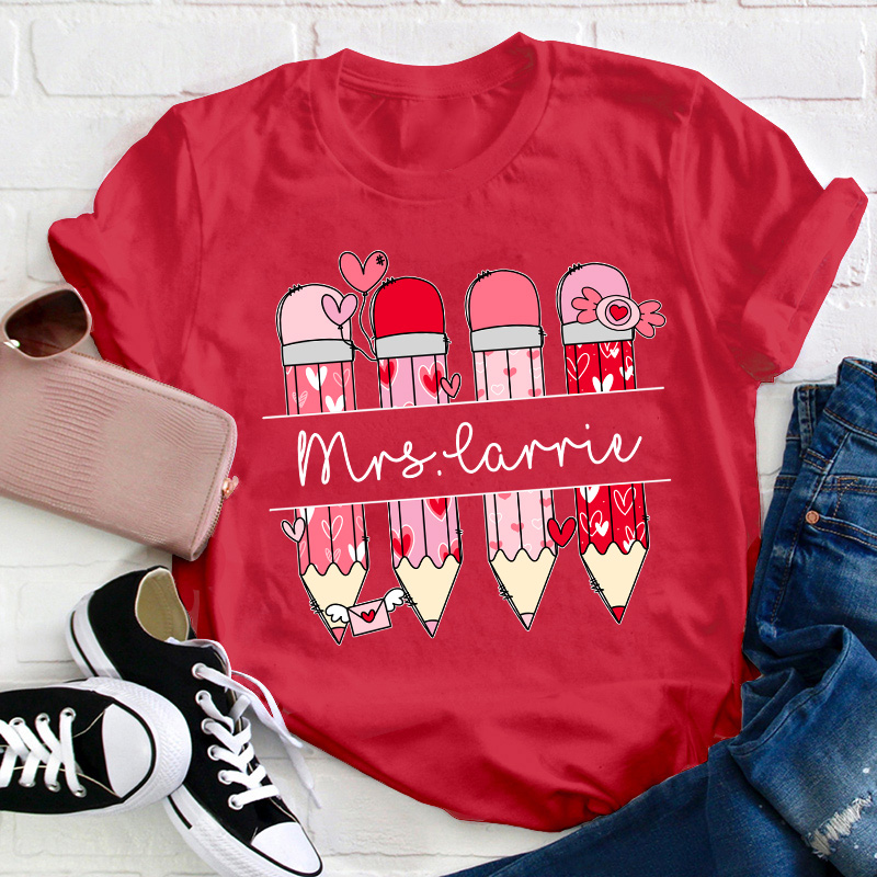 Personalized Pink Pencil Name Teacher T-Shirt