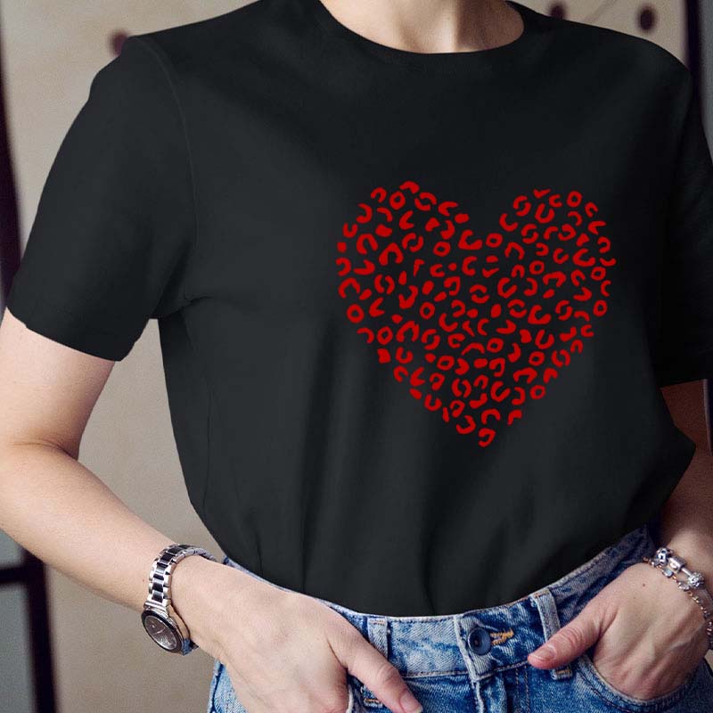 Red Leopard Heart Teacher T-Shirt