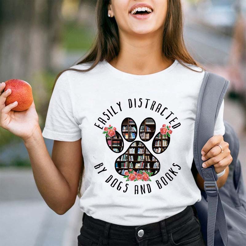 Easily Distracted By Dogs And Books Teacher T-Shirt