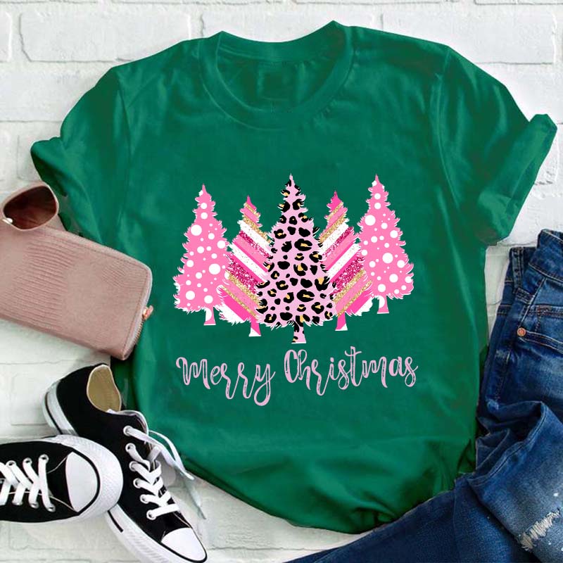 Merry Christmas Pink Christmas Trees Teacher T-Shirt