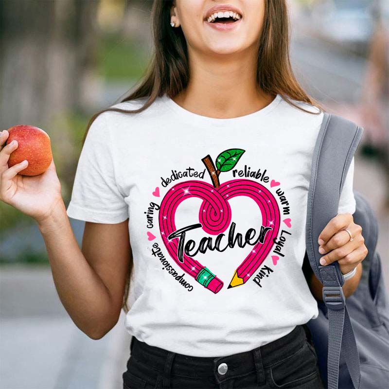 Glitter Apple Pencil Heart Teacher T-Shirt