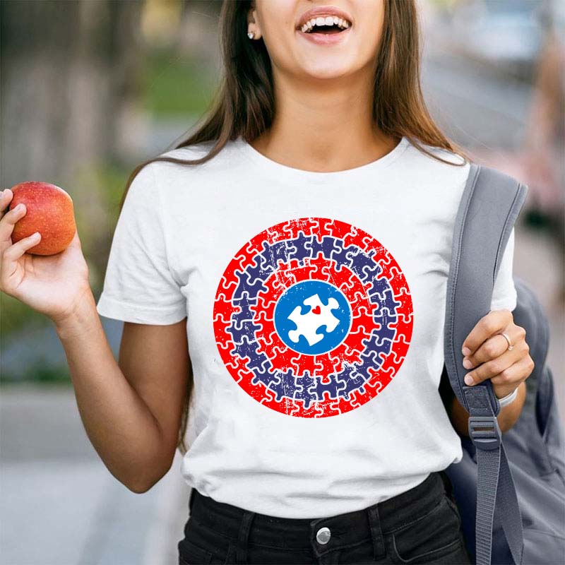 Superhero Shield Autism Puzzle Teacher T-Shirt