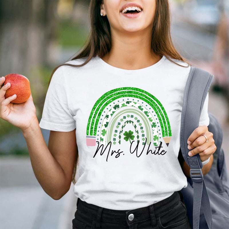 Personalized Green Rainbow Pencil Name Teacher T-Shirt