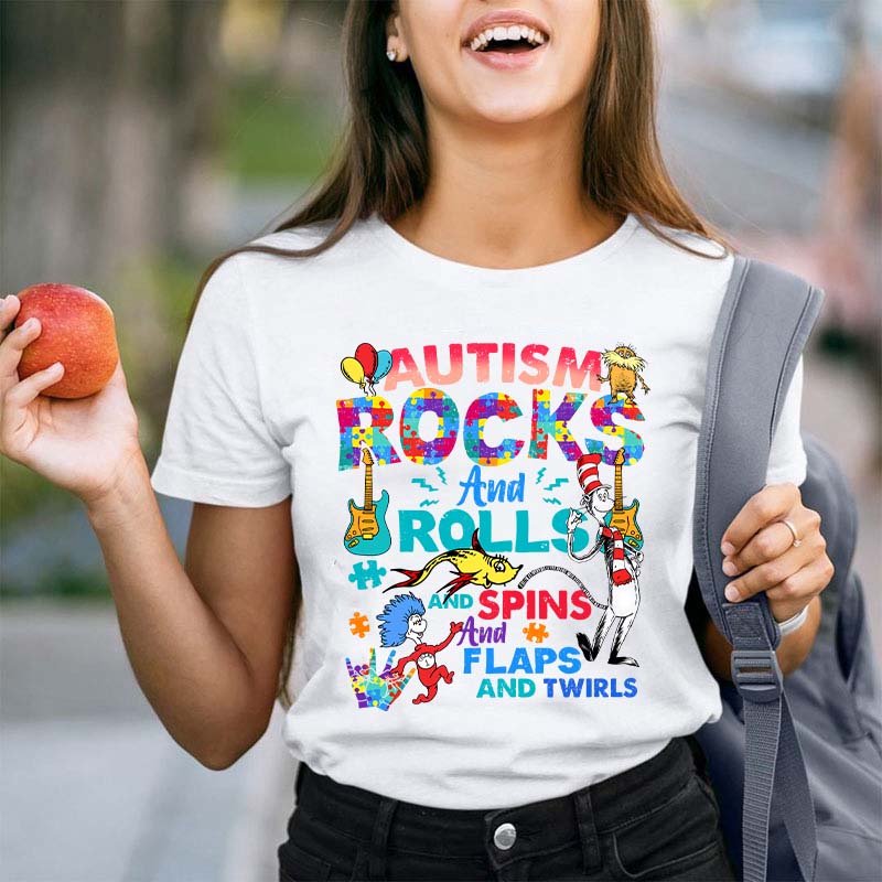 Autism Rocks And Rolls And Spins And Flaps And Twirls Teacher T-Shirt