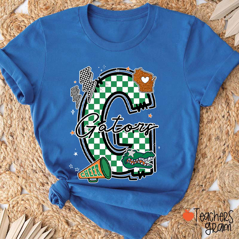 Personalized Mascot Initials Checkered School Spirit Teacher T-Shirt