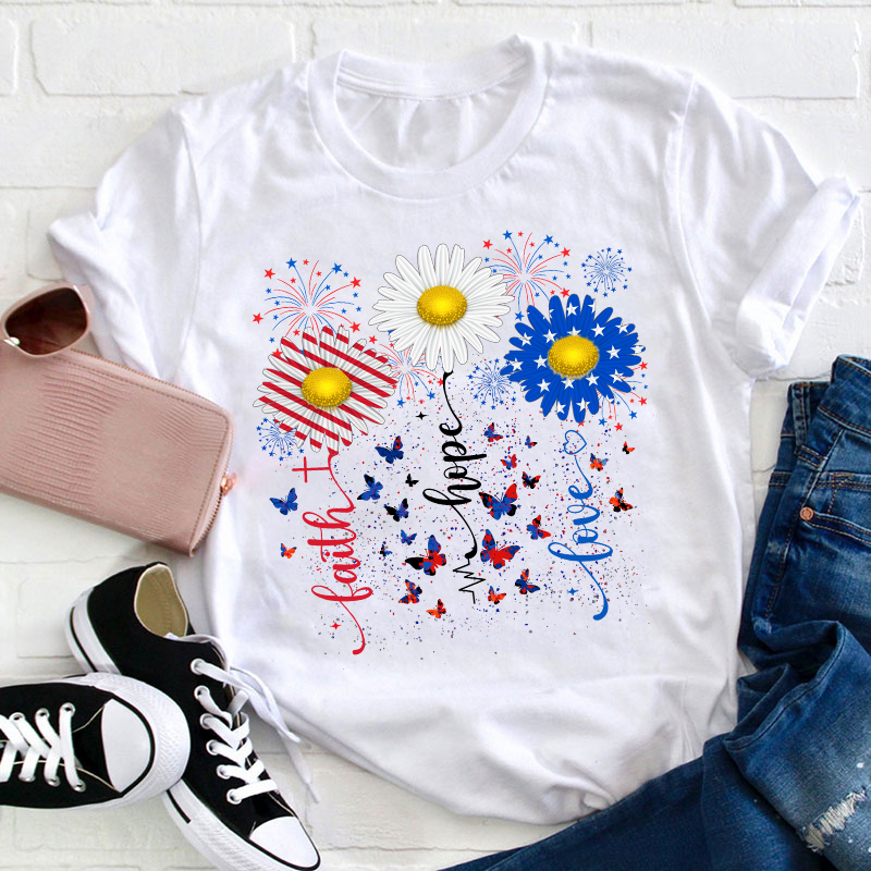 Faith Hope Love Flag Sunflower Teacher T-Shirt