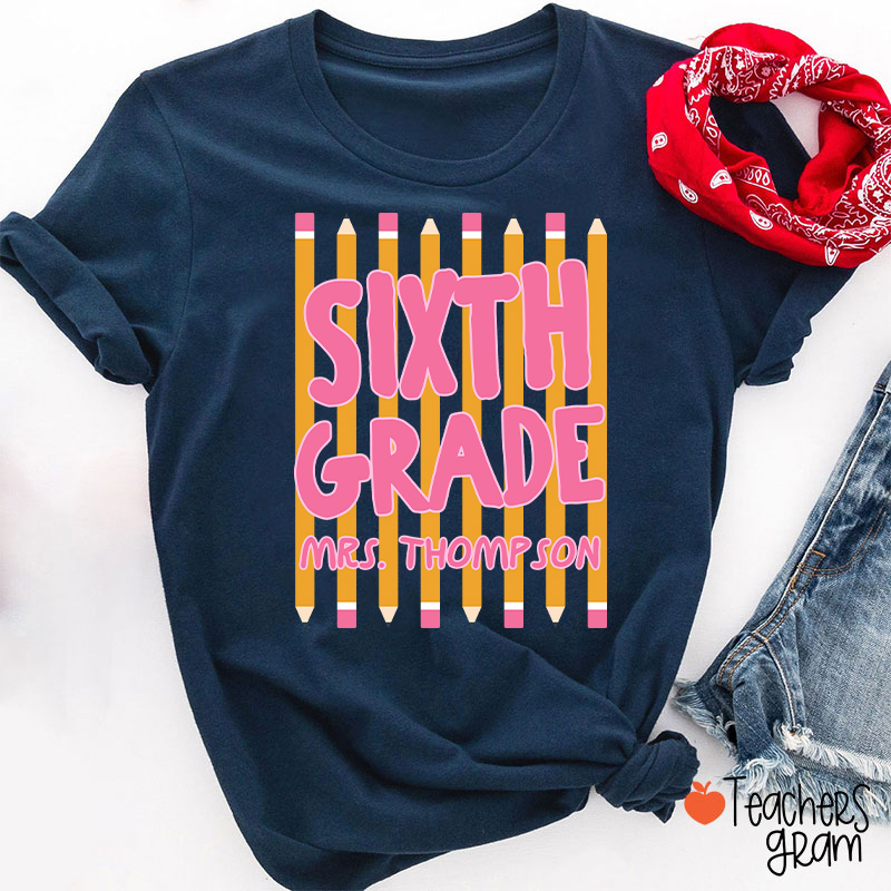 Personalized Name And Grade Pencil Stripes Teacher T-Shirt