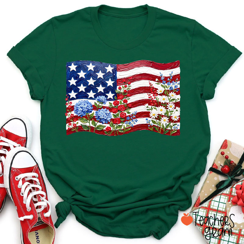 Floral American Flag Teacher T-Shirt
