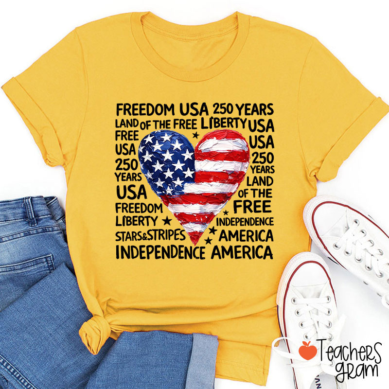 Heart Shaped American Flag Teacher T-Shirt