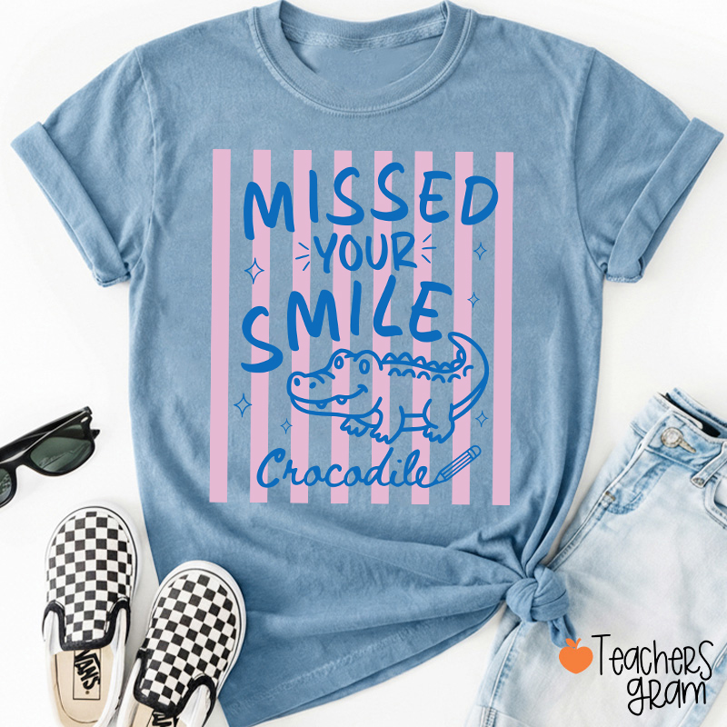 Personalized Missed Your Smile Crocodile Pink Stripe Teacher T-Shirt