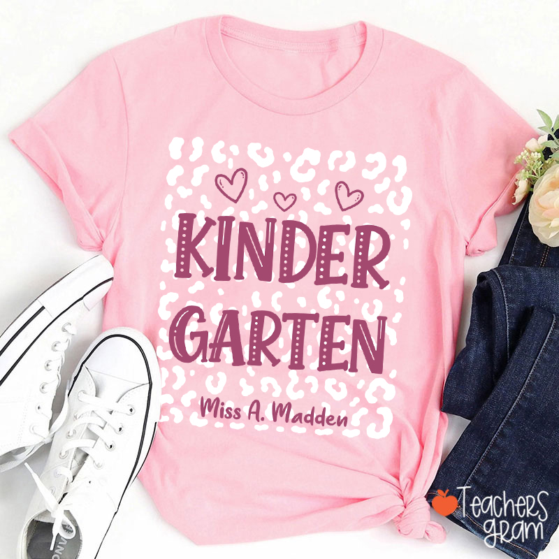 Personalized Name And Grade Leopard Heart Teacher T-Shirt