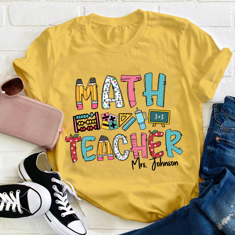 Personalized Math Teacher's Name Cute Math Icon Teacher T-Shirt