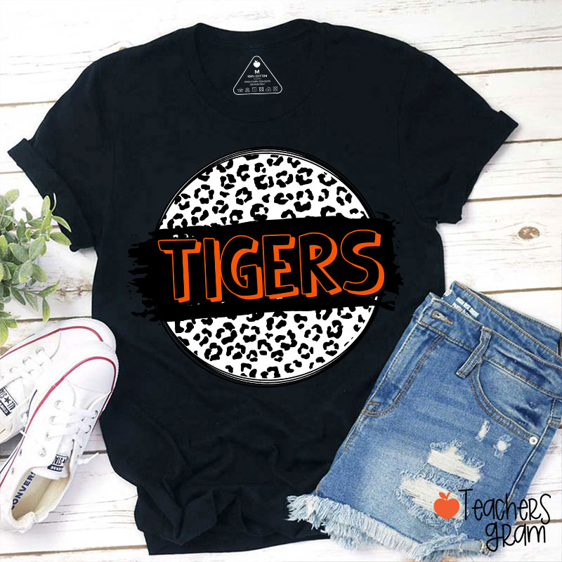 Personalized  Mascot Round Leopard Print Teacher T-Shirt