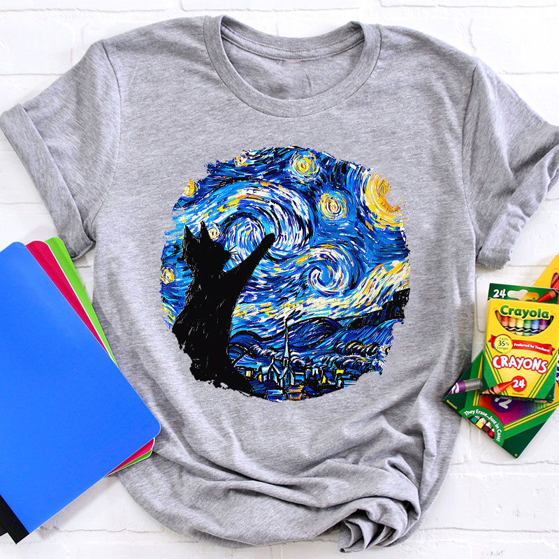 Starry Night And Cat Teacher T-Shirt