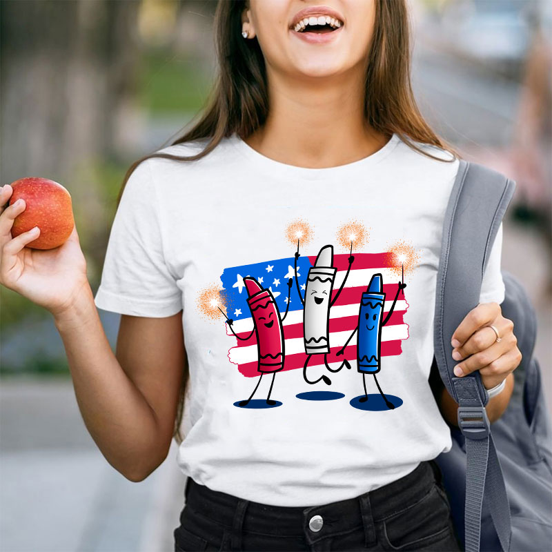 4th Of July Color Crayon Teacher T-Shirt
