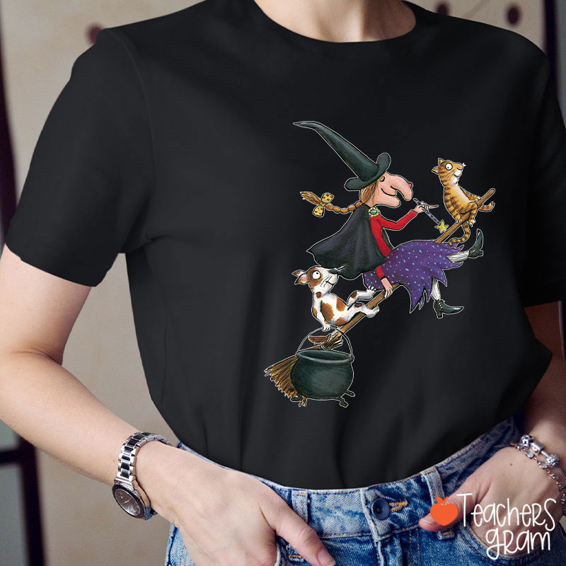 Witch Dog Cat Dark Gothic Halloween Teacher T-Shirt