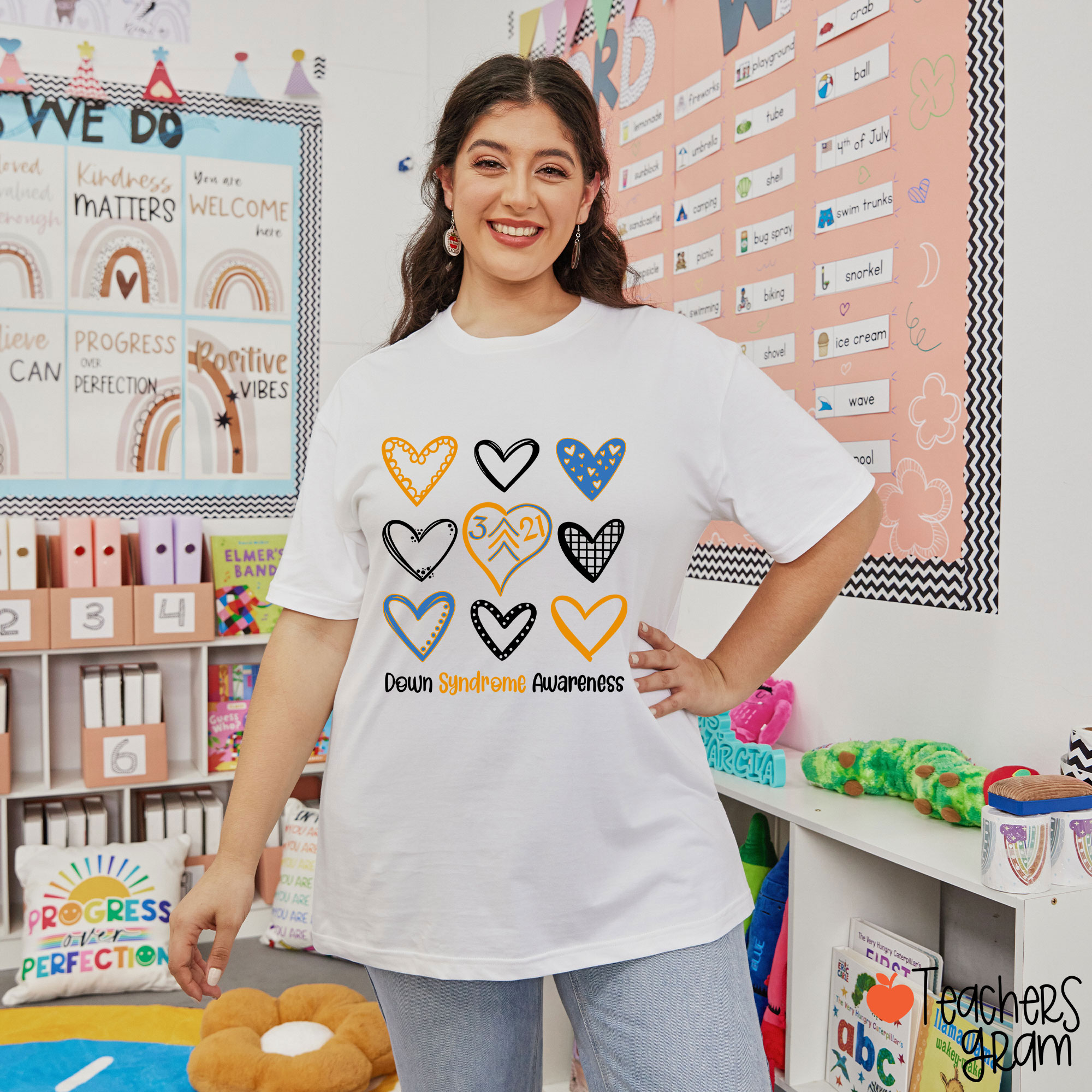 Down Syndrome Awareness Heart Teacher T-Shirt