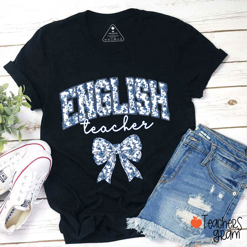 Personalized Text Blue And White Porcelain Bow Teacher T-Shirt