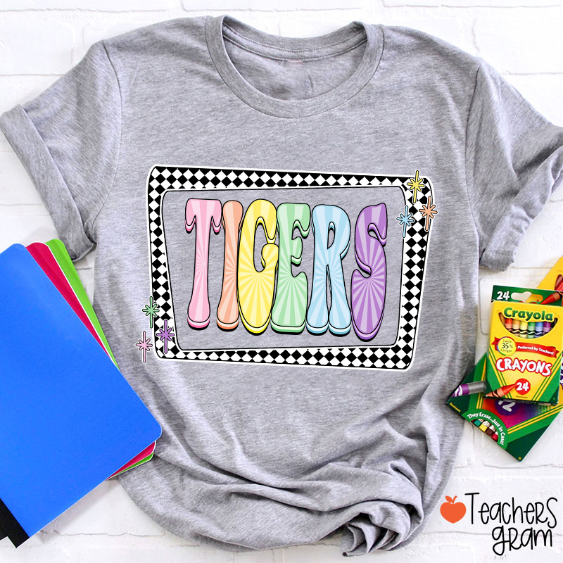 Personalized Mascot Pastels Checkerboard Teacher T-Shirt