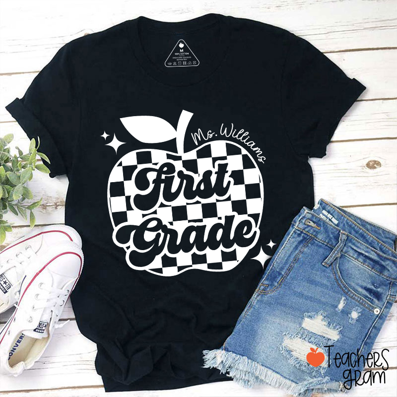 Personalized Black And White Checkerboard Apple And Name Teacher T-Shirt