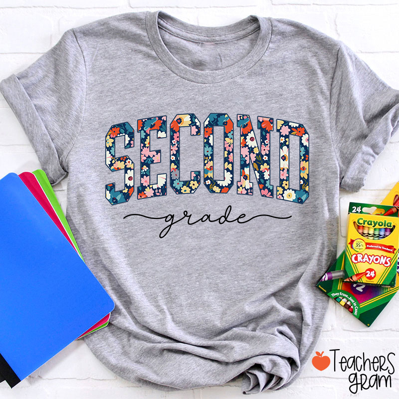 Personalized Grade Blue Floral Teacher T-Shirt