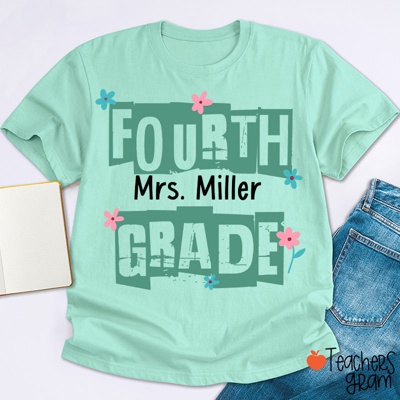 Personalized Grade Name Hollow Monochrome Flowers Teacher T-Shirt