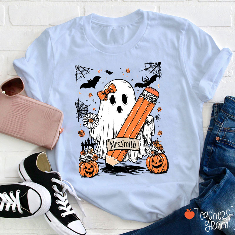 Personalized Name Cute Ghost Floral Halloween Teacher T-Shirt
