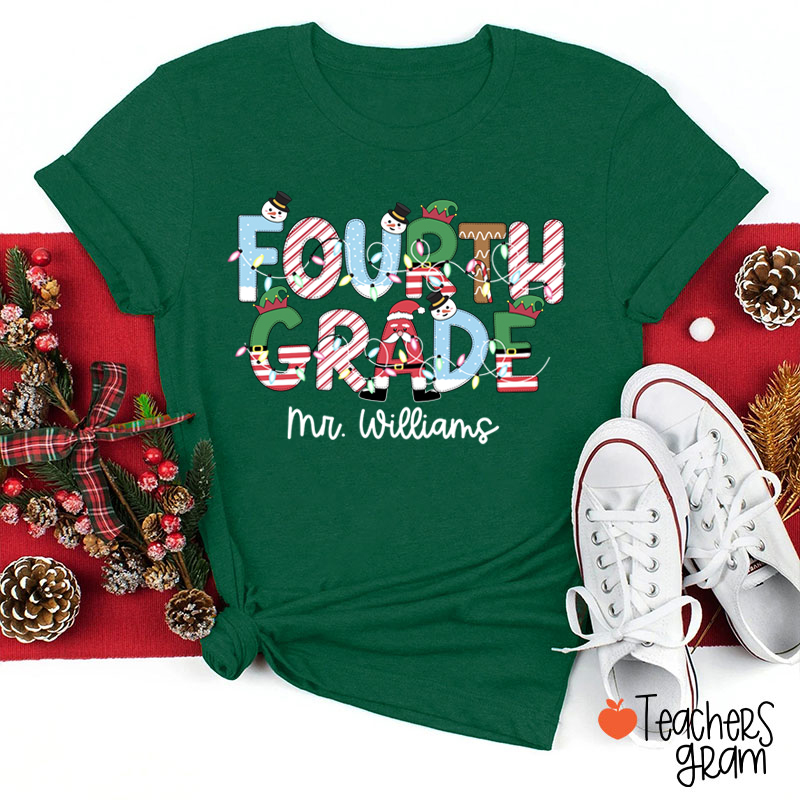 Personalized Grade And Name Christmas Teacher T-Shirt