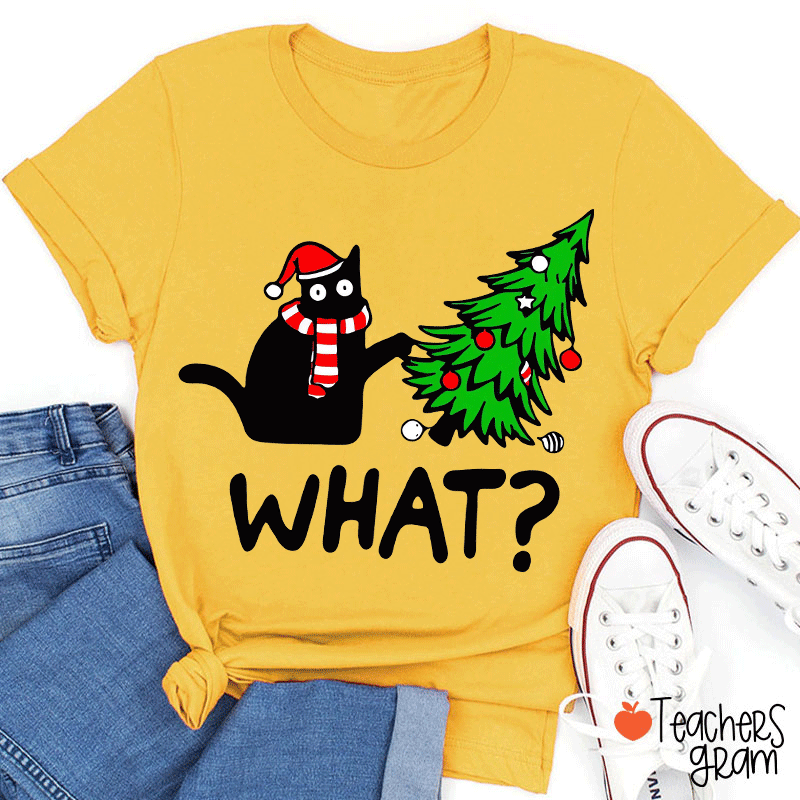 Cat Pushes Christmas Tree Teacher T-Shirt