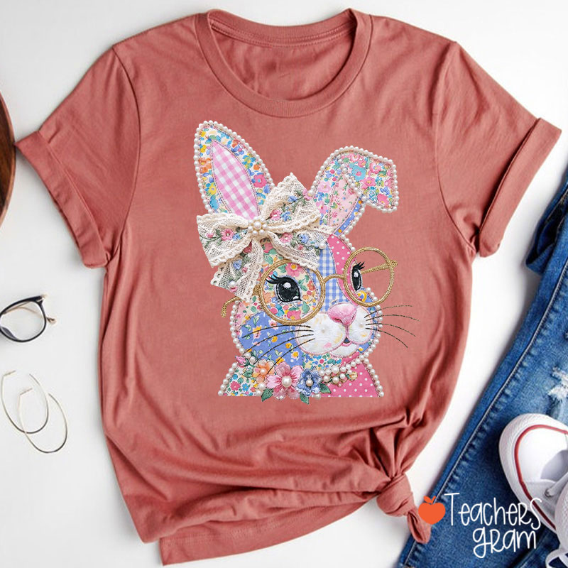 Faux Patchwork Bunny Teacher T-Shirt