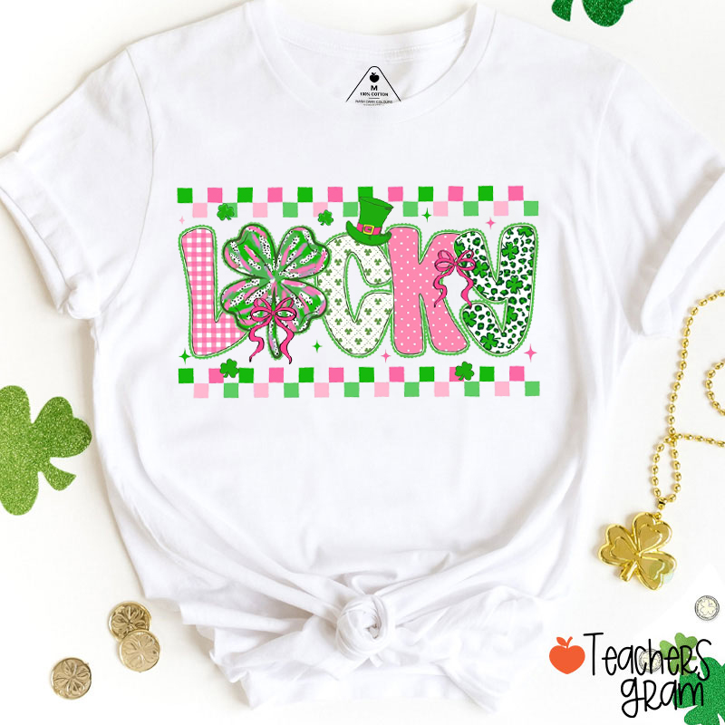 Checkered Brushstroke Shamrock Teacher T-Shirt