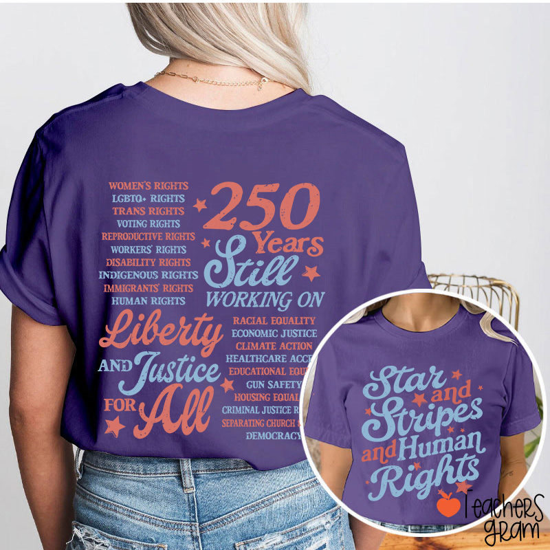 Star And Stripes And Human Rights Teacher Two Sided T-Shirt