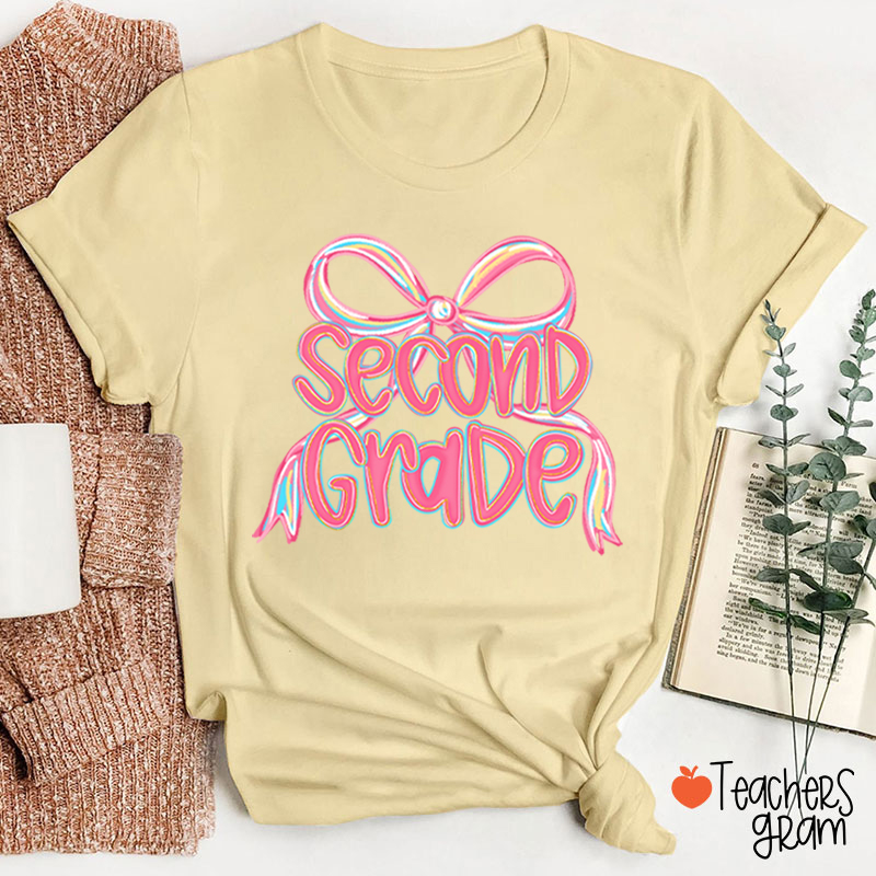 Personalized Grade Pink Bow Teacher T-Shirt