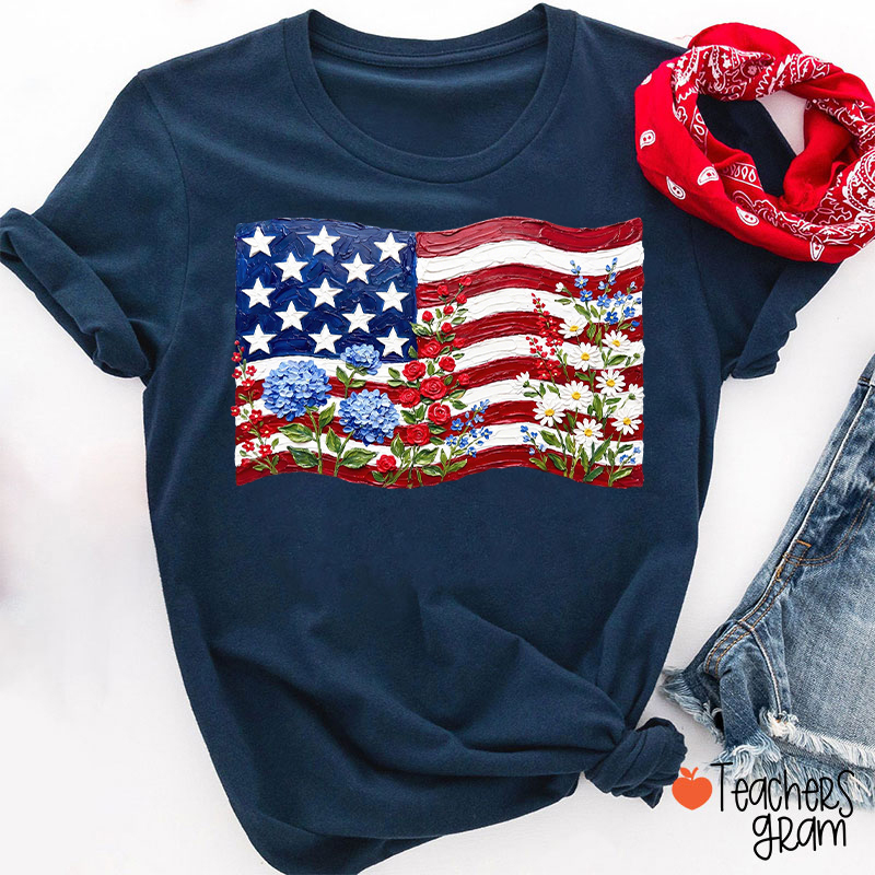 Floral American Flag Teacher T-Shirt