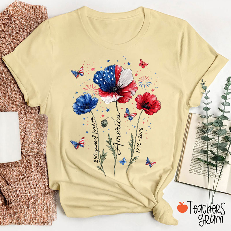 4th Of July 250 Years Of Freedom Floral Teacher T-Shirt