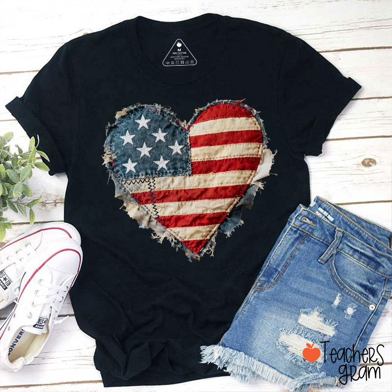 Faux Patchwork American Flag Heart Teacher T-Shirt