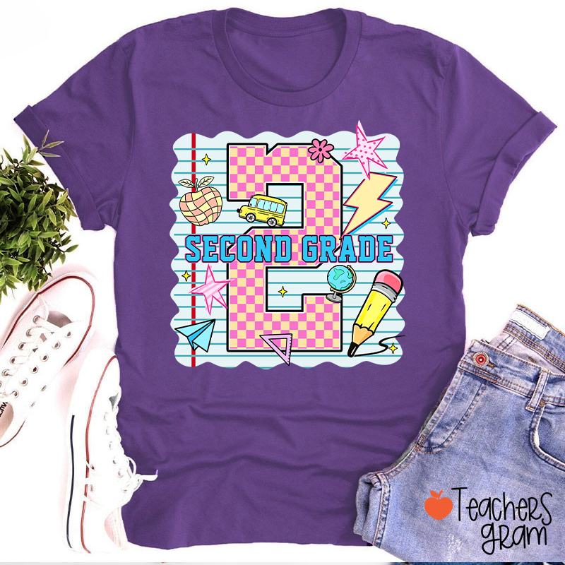 Personalized Pink Plaid And Notebook Style Teacher T-Shirt
