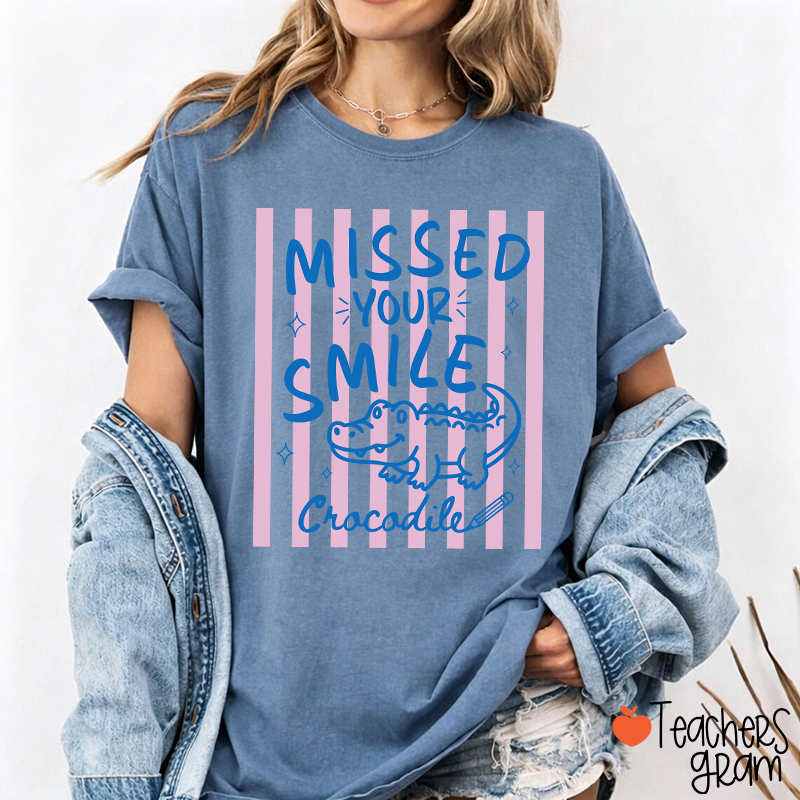 Personalized Missed Your Smile Crocodile Pink Stripe Teacher T-Shirt
