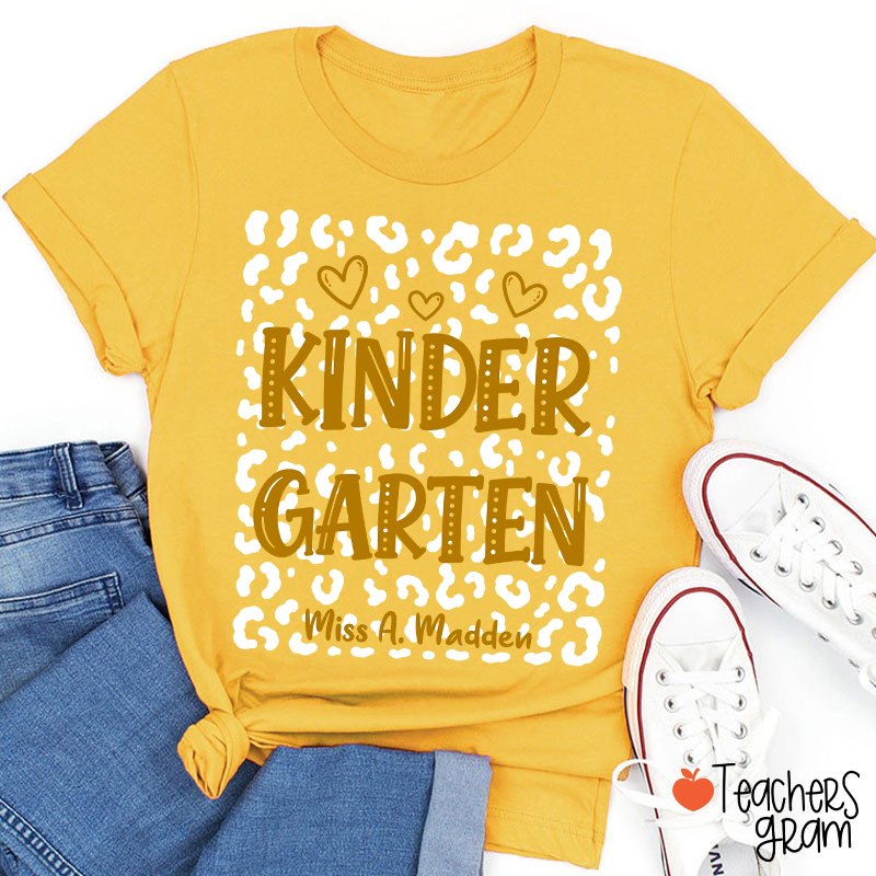 Personalized Name And Grade Leopard Heart Teacher T-Shirt