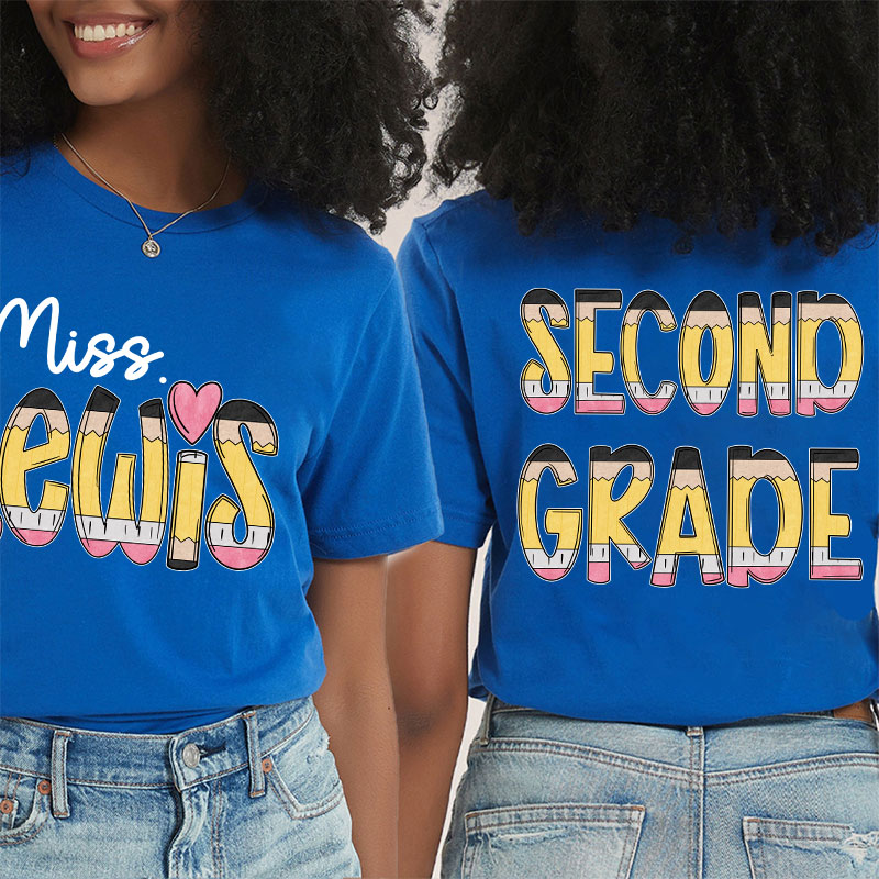 Personalized Teacher's Name And Grade Cartoon Pencil Font Design Teacher Two Sided T-Shirt