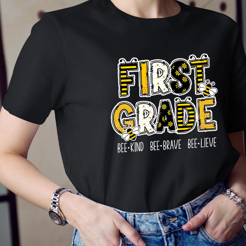 Personalized Grade Funny Bee Font Design Teacher T-Shirt