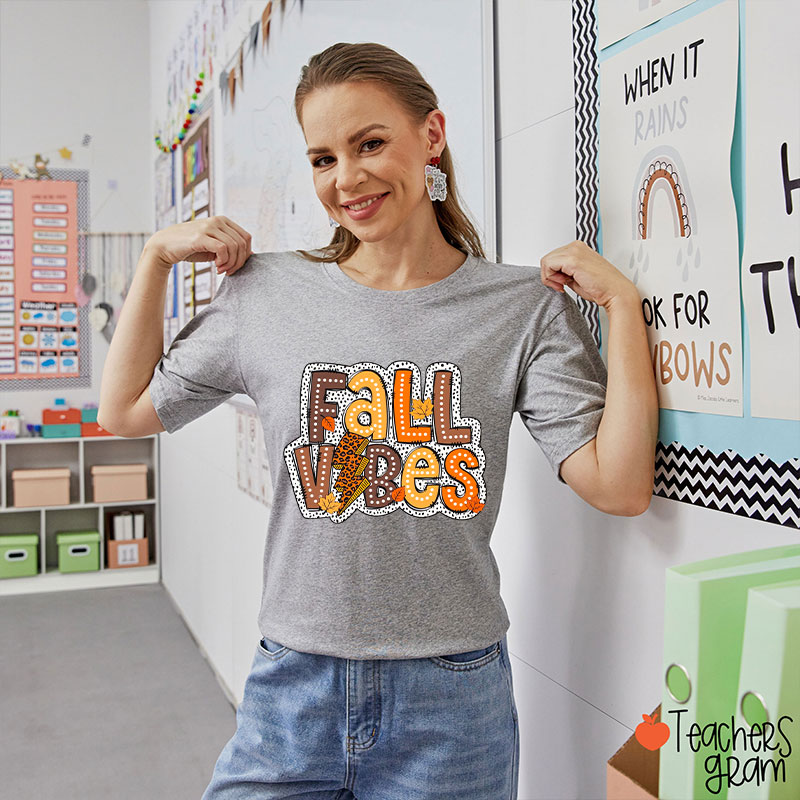 Fall Vibes Leopard Lightning Teacher T-Shirt