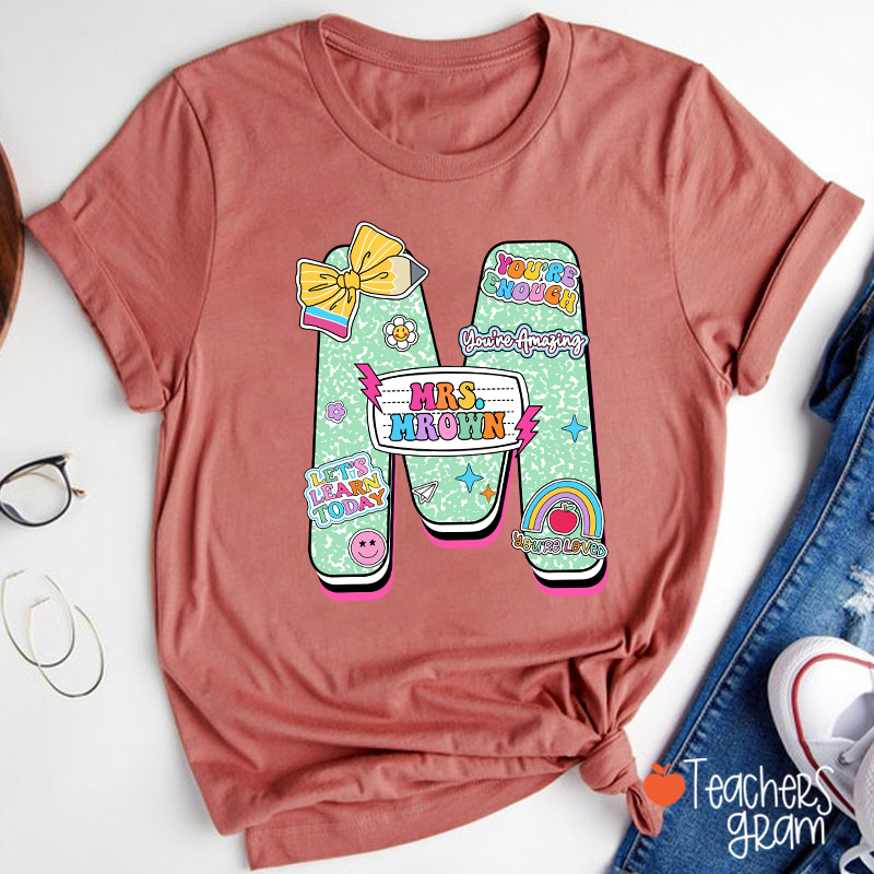 Personalized Notebook Style Letter Name Teacher T-Shirt