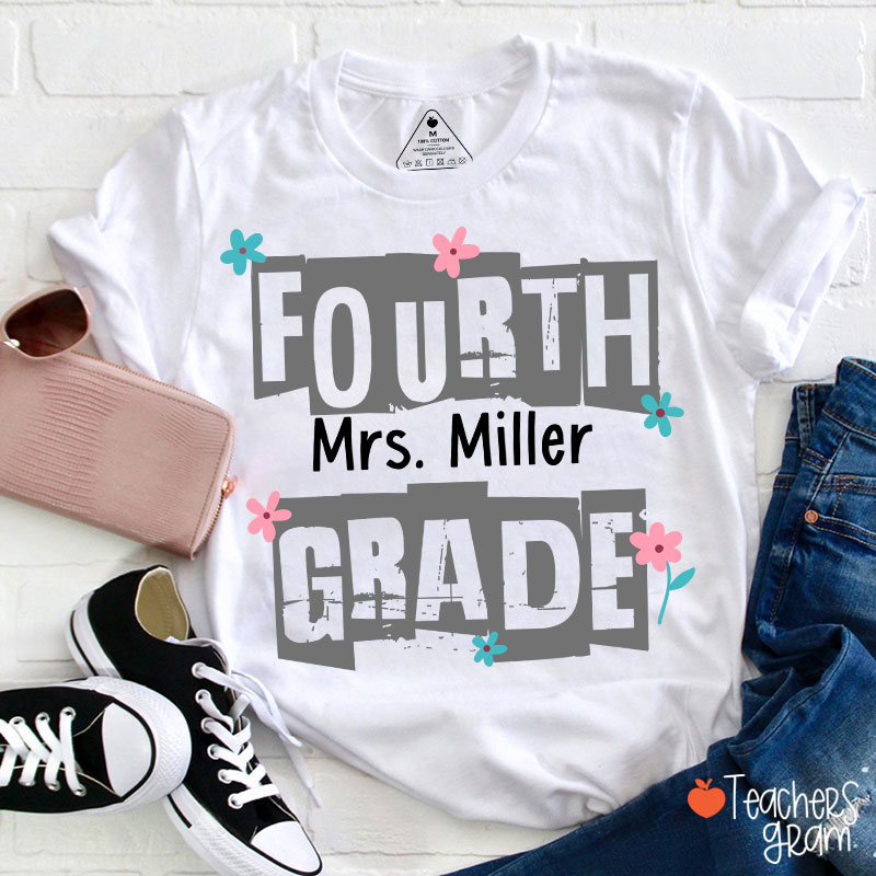 Personalized Grade Name Hollow Monochrome Flowers Teacher T-Shirt